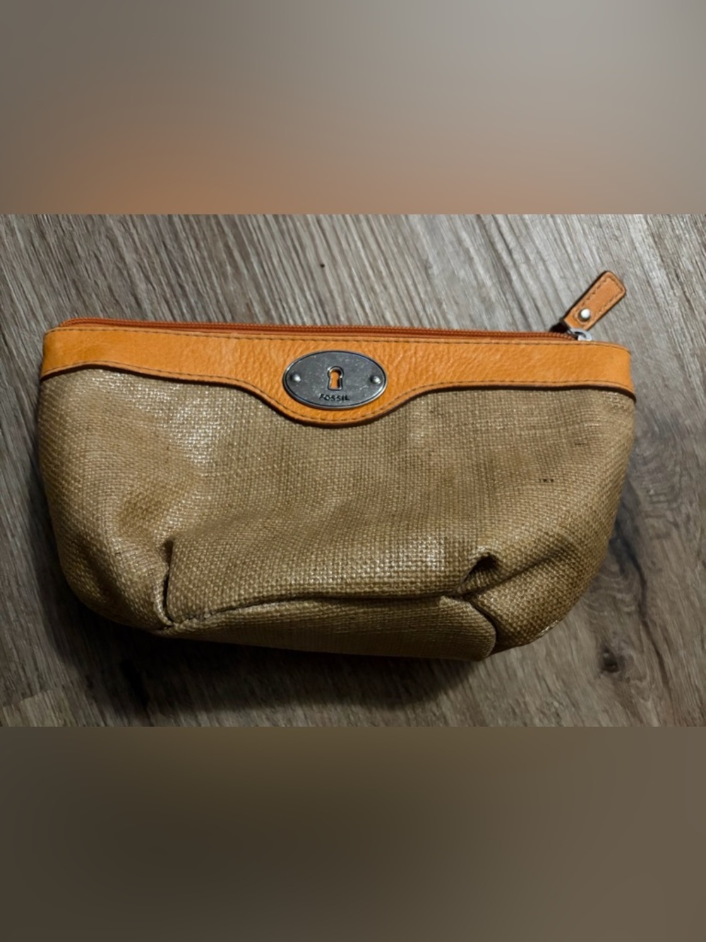 Fossil - Tan Canvas with Orange Leather Trim Pouch
